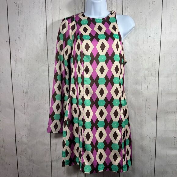 Zara Asymmetrical One Shoulder Geometric Satin Effect Print Retro Mini Dress - Picture 1 of 16